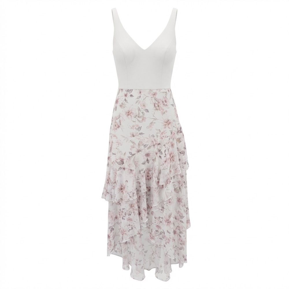 Forever New White Blush Floral Midi Tiered Dress Size 0 Romantic Feminine Spring